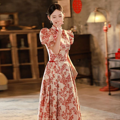 Short-Sleeve Floral Embroidered Bridal Qipao Evening Gown
