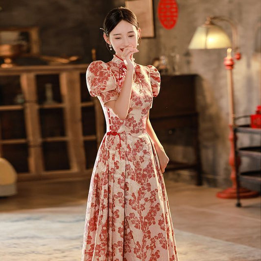 Short-Sleeve Floral Embroidered Bridal Qipao Evening Gown