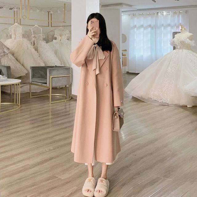 Lapel Collar Plain Double-Breasted Long Coat