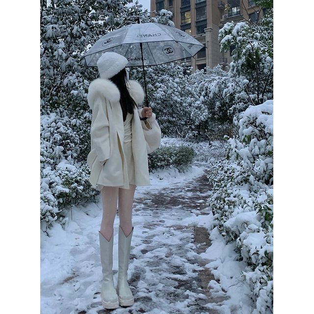 Faux Fur Trim Plain Hooded Open Front Woolen Coat