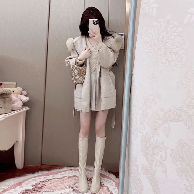 Faux Fur Trim Plain Hooded Tie-Waist Woolen Coat