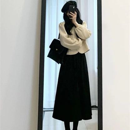 Long-Sleeve Contrast Collar Blouse / Plain Midi A-Line Skirt