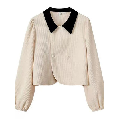 Long-Sleeve Contrast Collar Blouse / Plain Midi A-Line Skirt