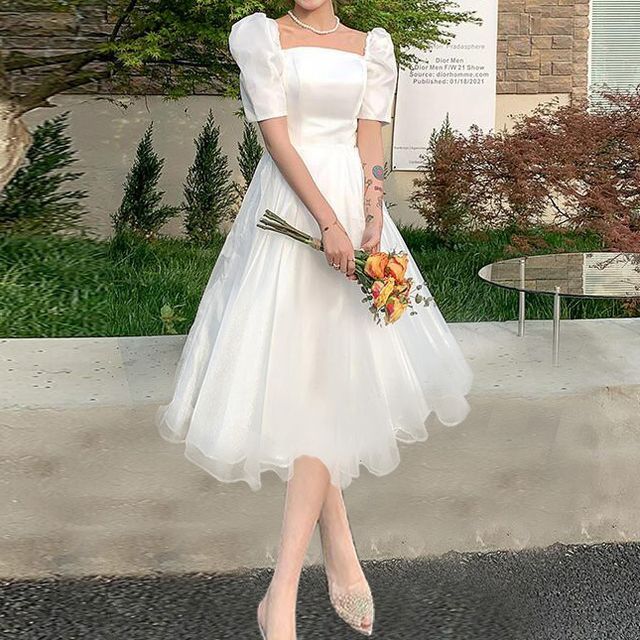 Short-Sleeve Square Neck Plain A-Line Wedding Gown / Midi Dress