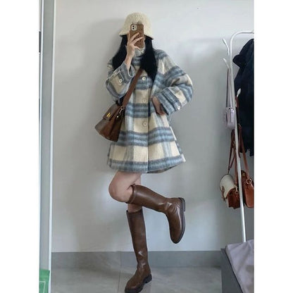 Round Neck  Plaid Single Breasted Coat