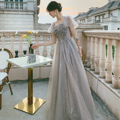 Short-Sleeve Flower Accent A-Line Evening Gown / Cocktail Dress