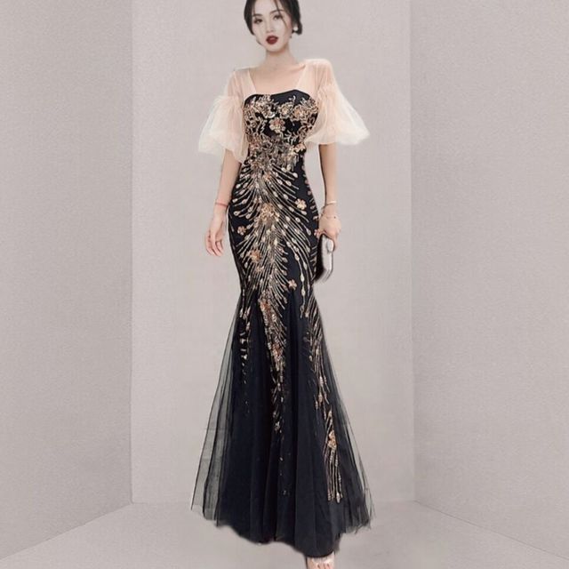 Short-Sleeve Print Panel Mesh Mermaid Evening Gown