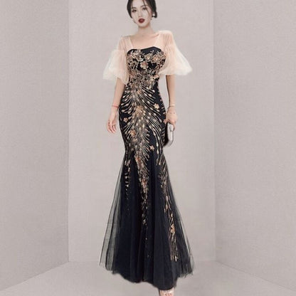 Short-Sleeve Print Panel Mesh Mermaid Evening Gown