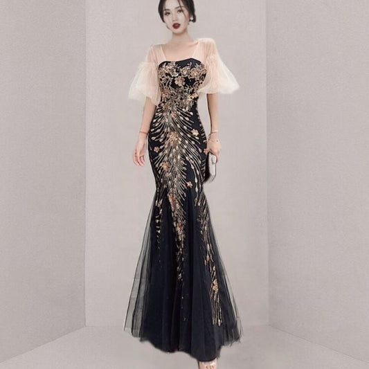 Short-Sleeve Print Panel Mesh Mermaid Evening Gown