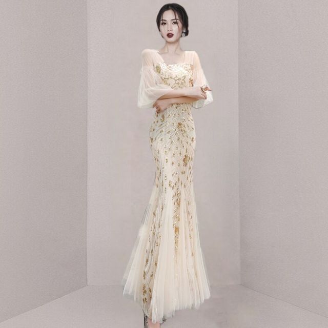 Short-Sleeve Print Panel Mesh Mermaid Evening Gown