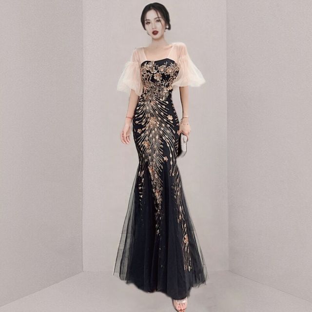 Short-Sleeve Print Panel Mesh Mermaid Evening Gown