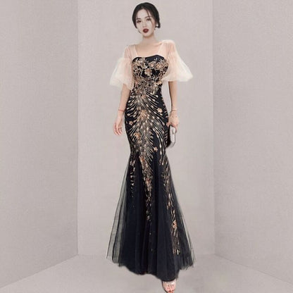 Short-Sleeve Print Panel Mesh Mermaid Evening Gown