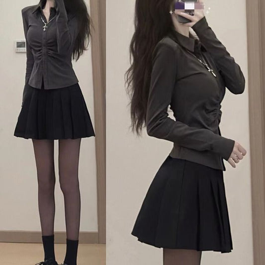 Long-Sleeve Plain Slim Fit Shirt / High Waist Pleated Mini A-Line Skirt