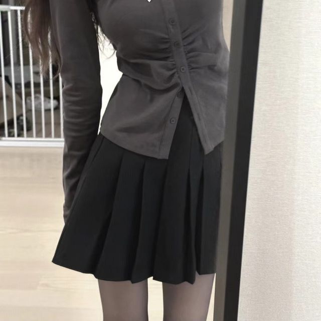 Long-Sleeve Plain Slim Fit Shirt / High Waist Pleated Mini A-Line Skirt