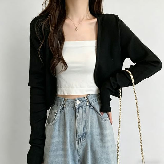 Cropped Solid Cardigan