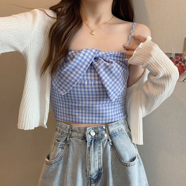Plaid Twist Crop Cami & Ribbed Cardigan Set