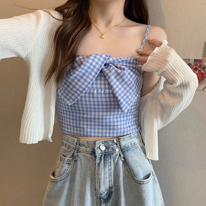 Plaid Twist Crop Cami & Ribbed Cardigan Set