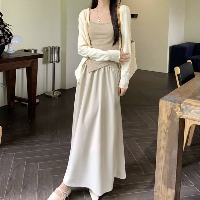 Asymmetrical Cami, V-Neck Cardigan & Maxi Skirt Set