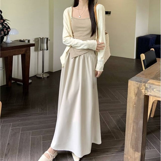 Asymmetrical Cami, V-Neck Cardigan & Maxi Skirt Set