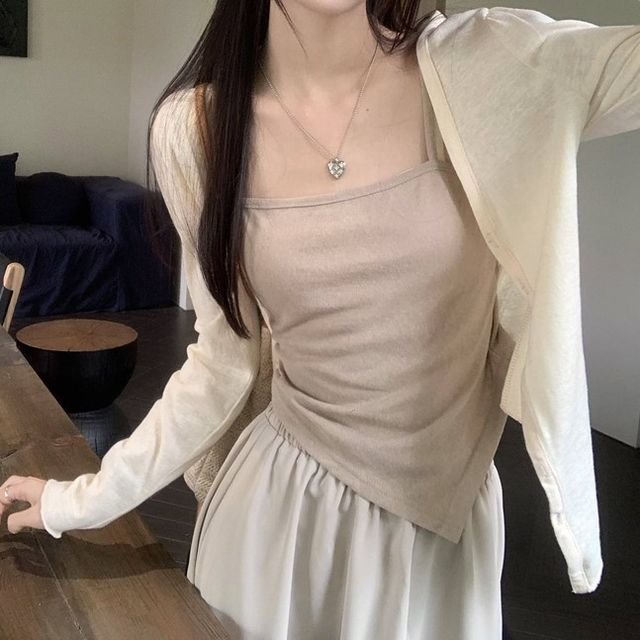 Asymmetrical Cami, V-Neck Cardigan & Maxi Skirt Set