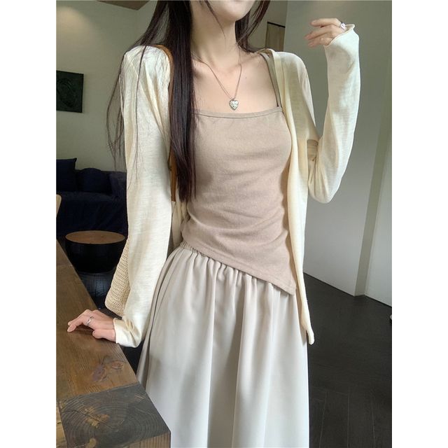 Asymmetrical Cami, V-Neck Cardigan & Maxi Skirt Set
