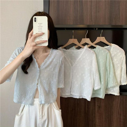 Short Sleeve Lace V-Neck Cardigan