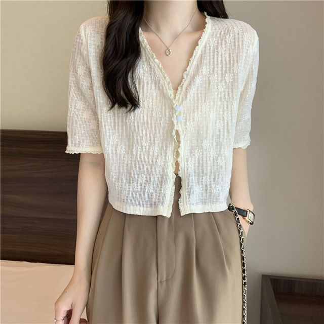 Short Sleeve Lace V-Neck Cardigan