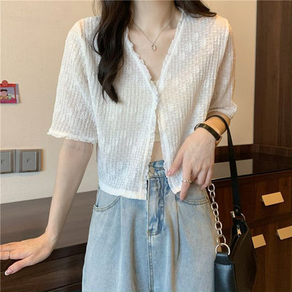 Short Sleeve Lace V-Neck Cardigan