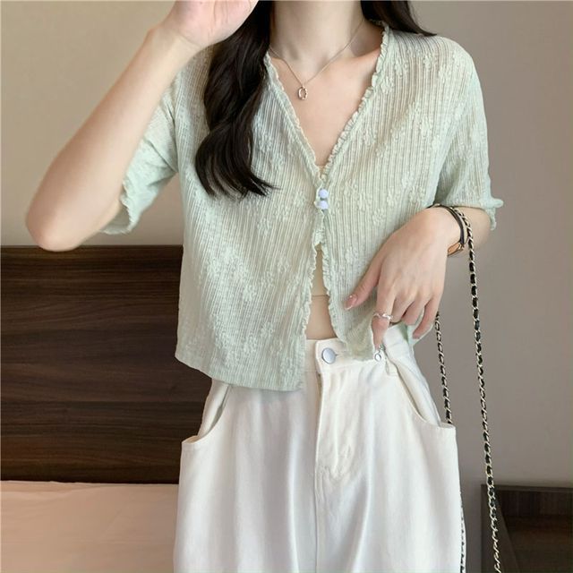 Short Sleeve Lace V-Neck Cardigan