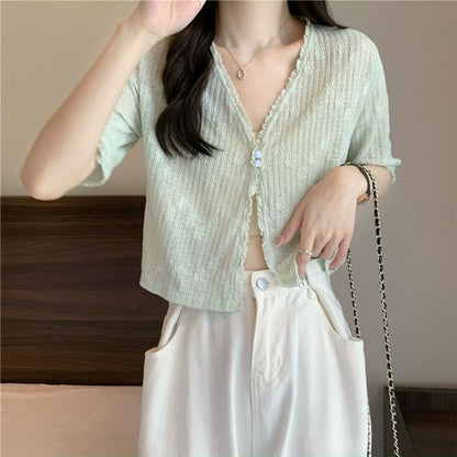 Short Sleeve Lace V-Neck Cardigan