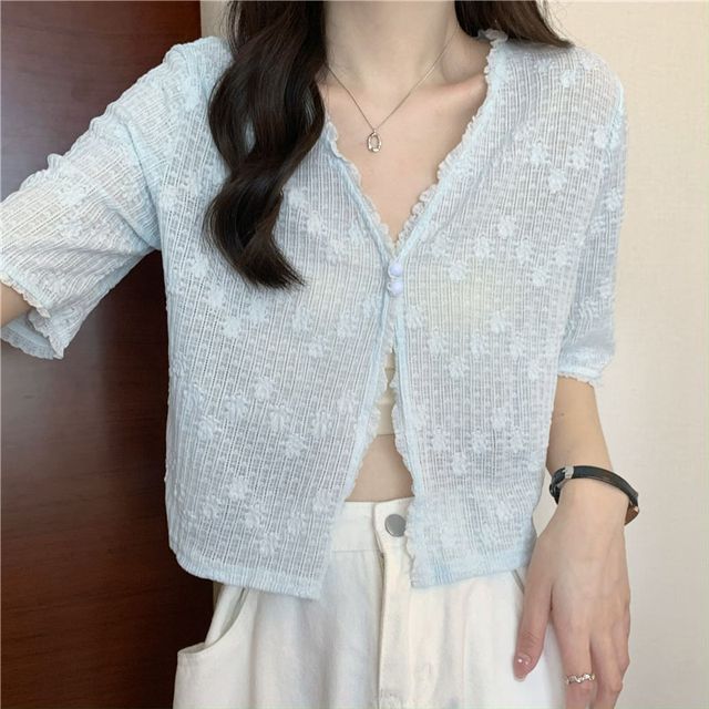 Short Sleeve Lace V-Neck Cardigan
