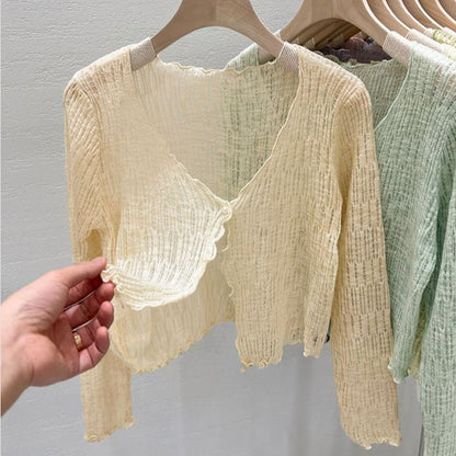 V-Neck Lettuce Edge Cropped Cardigan
