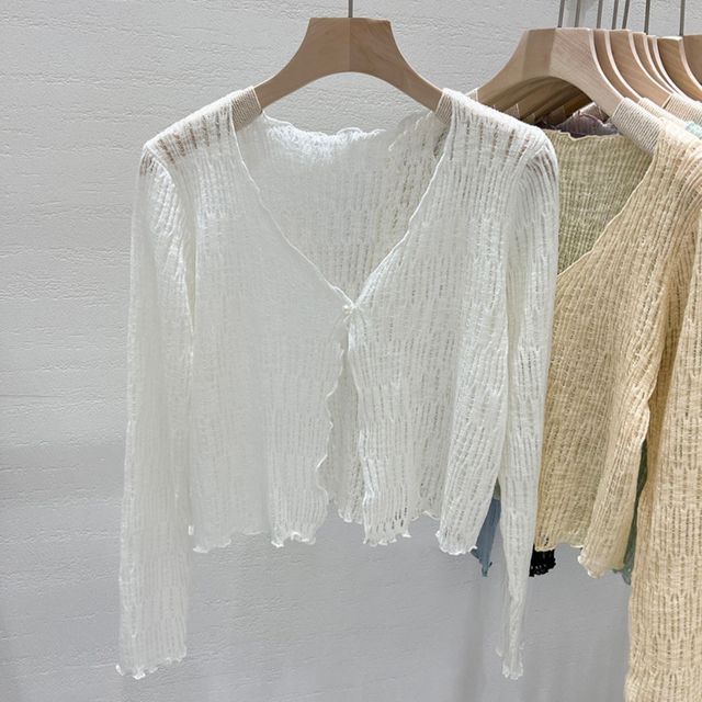 V-Neck Lettuce Edge Cropped Cardigan