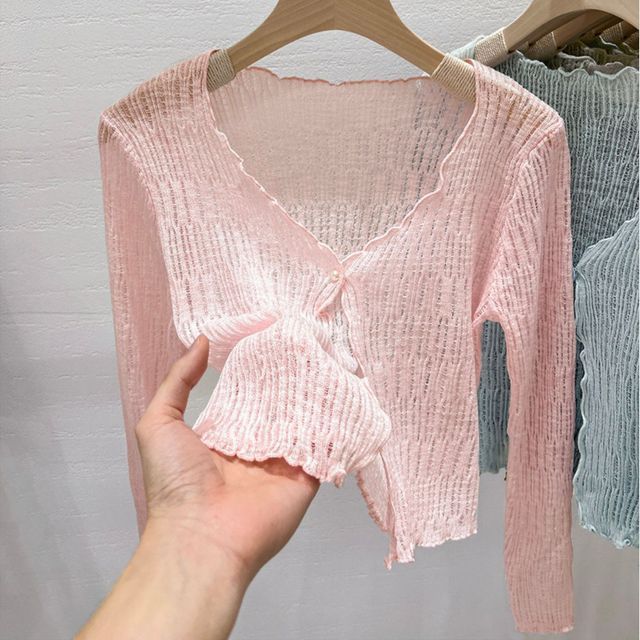 V-Neck Lettuce Edge Cropped Cardigan