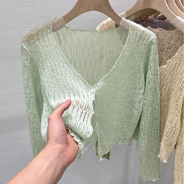 V-Neck Lettuce Edge Cropped Cardigan