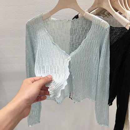 V-Neck Lettuce Edge Cropped Cardigan