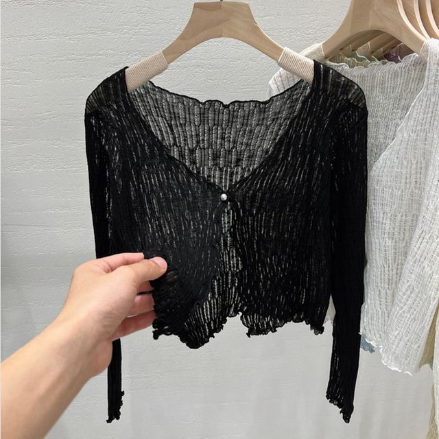 V-Neck Lettuce Edge Cropped Cardigan