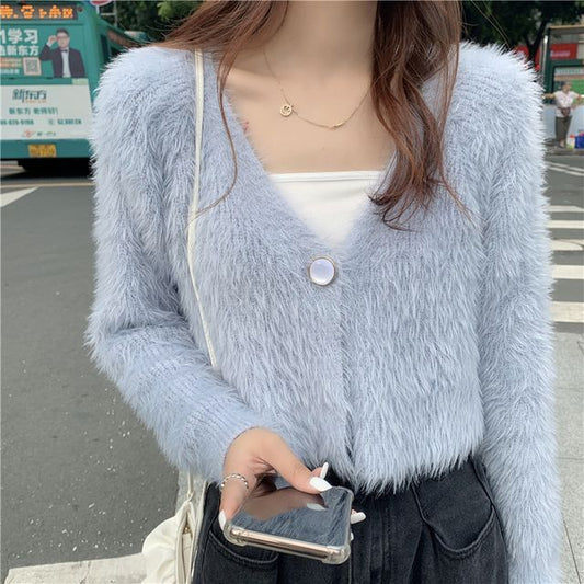 Fluffy V-Neck Crop Cardigan