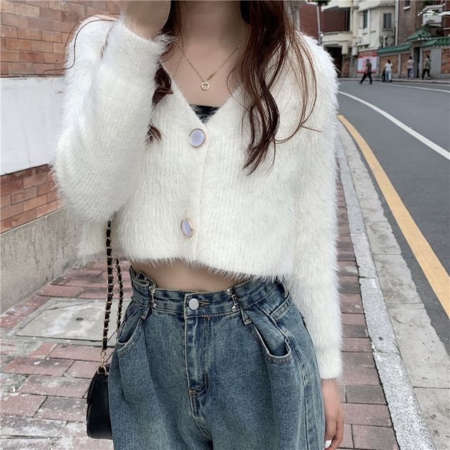 Fluffy V-Neck Crop Cardigan