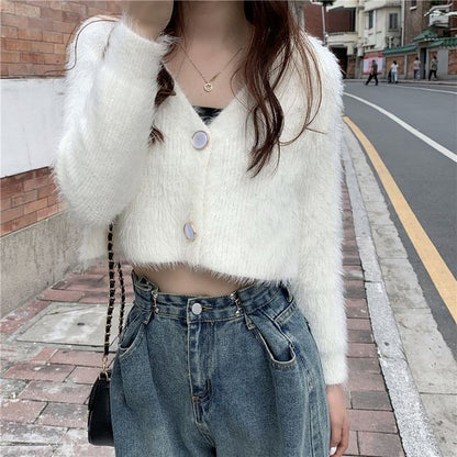 Fluffy V-Neck Crop Cardigan