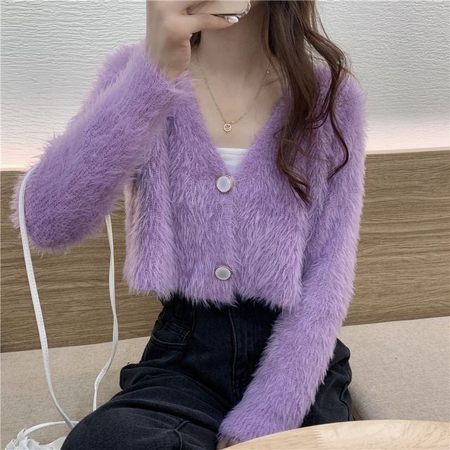 Fluffy V-Neck Crop Cardigan