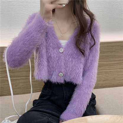 Fluffy V-Neck Crop Cardigan