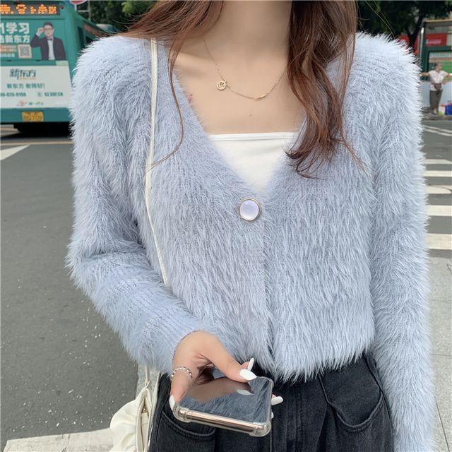 Fluffy V-Neck Crop Cardigan