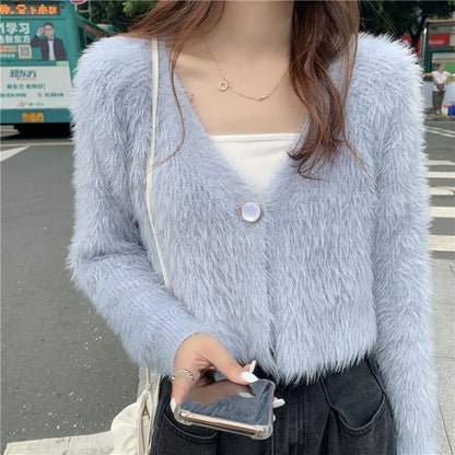Fluffy V-Neck Crop Cardigan
