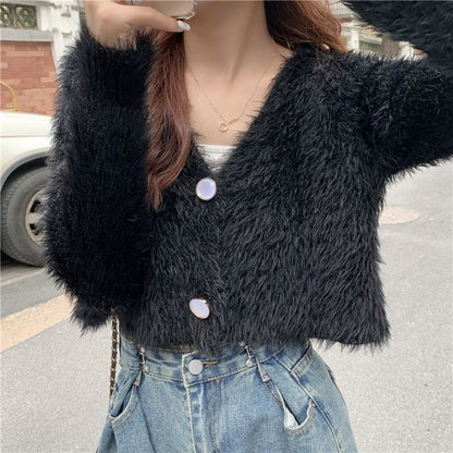 Fluffy V-Neck Crop Cardigan