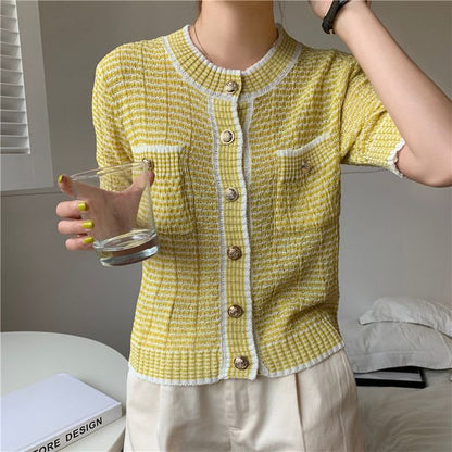 Short Sleeve Crew Neck Striped Cardigan