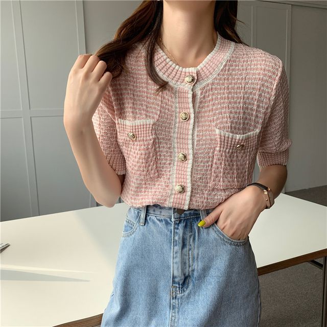 Short Sleeve Crew Neck Striped Cardigan