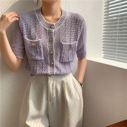 Short Sleeve Crew Neck Striped Cardigan