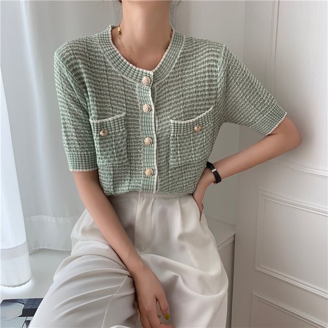 Short Sleeve Crew Neck Striped Cardigan