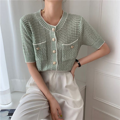 Short Sleeve Crew Neck Striped Cardigan